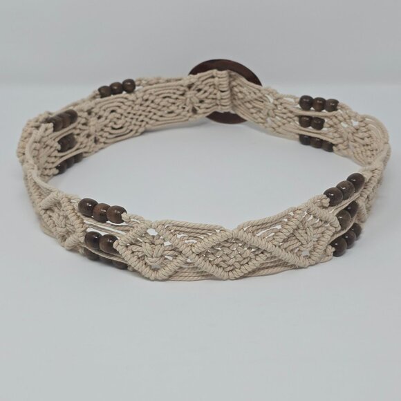 Woven Macrame Boho Belt with Wood Beads and Brown Tortoiseshell Buckle - Picture 4 of 10
